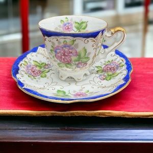 Ucagco  Demitasse Tea Cup and Saucer Made in Occupied Japan Vintage Blue Floral